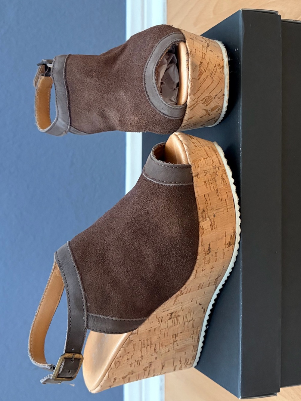 Barneys New York Brown Suede Cork Wedge Peep-Toe Sandals